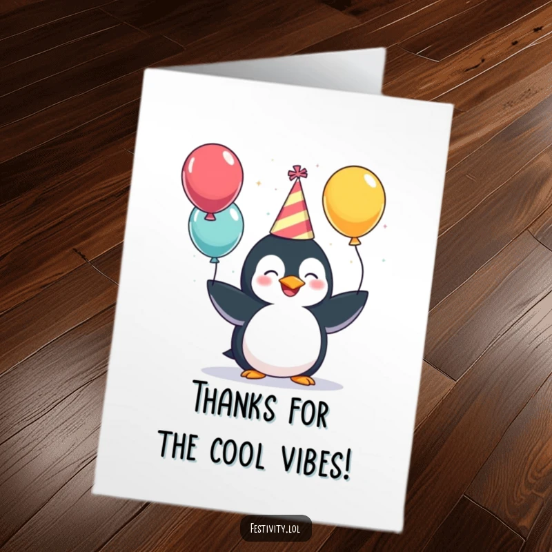 Funny Free Printable Thank You Card: Giggling penguin juggling balloons, a thank you with flair.