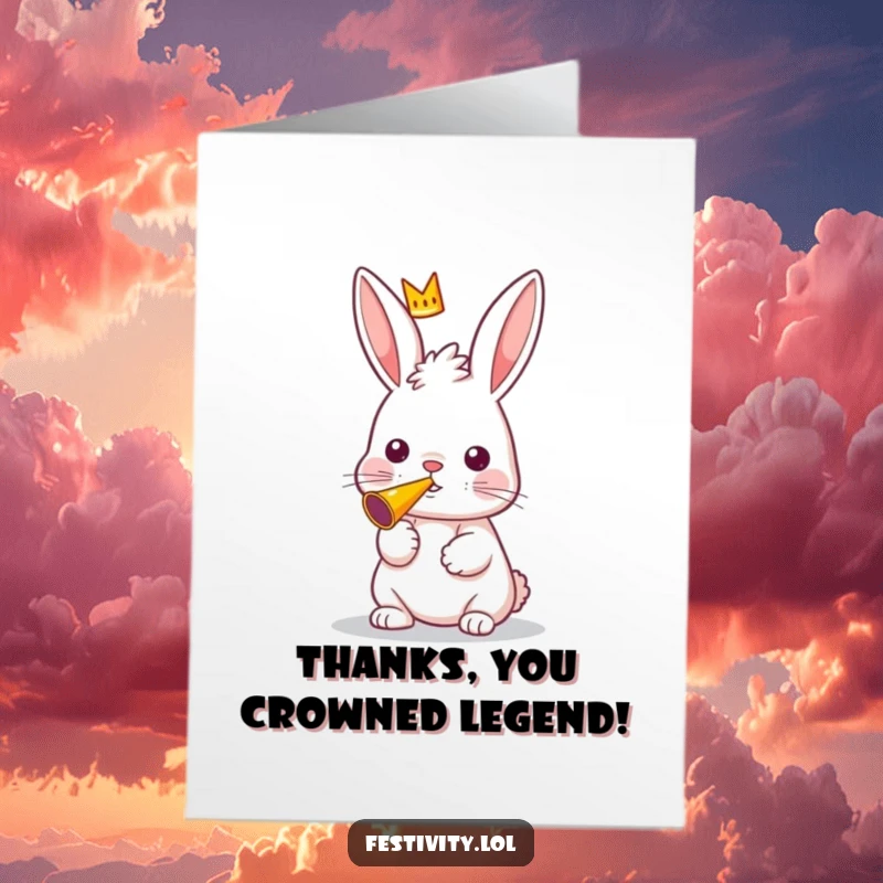 Funny Free Printable Thank You Card: A curious rabbit wearing a miniature crown blows a party horn, showing delighted appreciation.