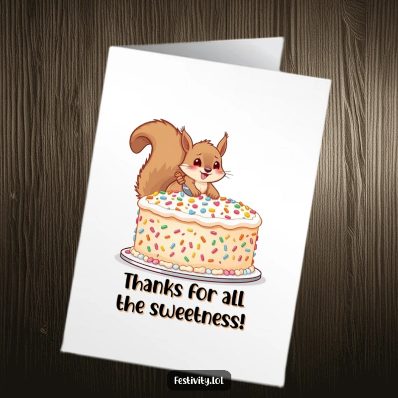 Funny Free Printable thank you card: A happy squirrel carefully placing oversized sprinkles on a large cake to show thanks.