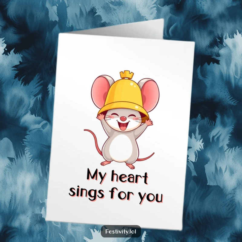 Funny Free Printable Thank You Card: a mouse joyfully ringing a giant golden bell, conveying thanks with enthusiasm.