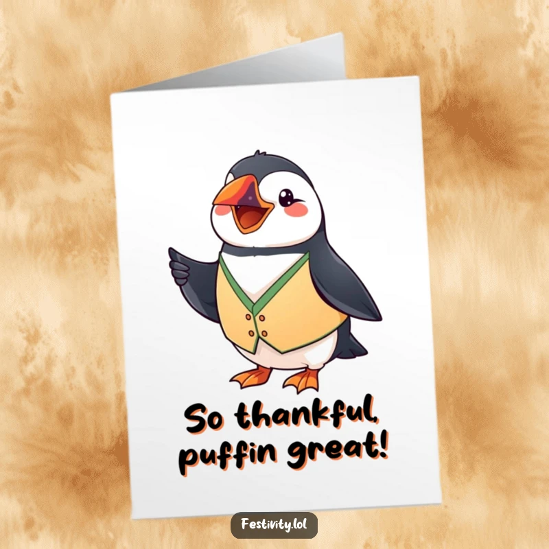 Funny Free Printable Thank You Card: A grinning puffin in a festive vest waves a tiny flag to express thanks.
