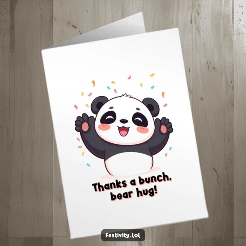 Free Printable Thank You Card: A cute panda gleefully tossing confetti, conveying thanks with a playful spirit.