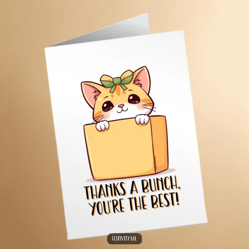 Funny Free Printable Thank You Card: A curious cat peeks from a gift box, conveying thanks with adorable mischief.