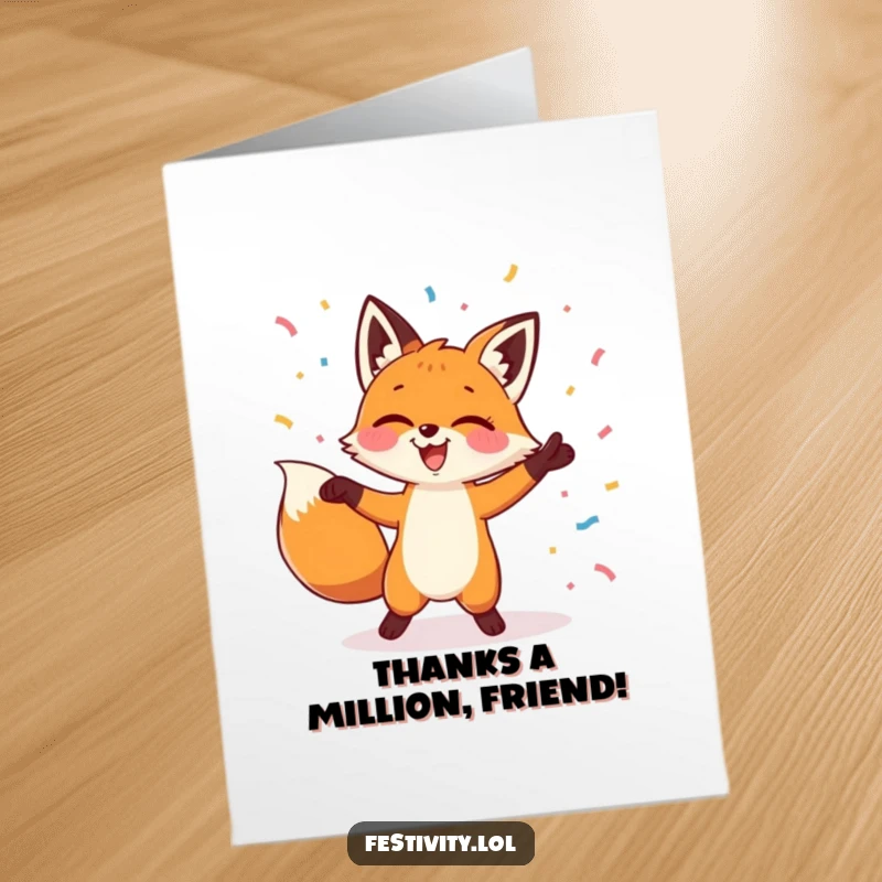 Funny Free Printable Thank You Card of a giggling fox dancing joyfully, with confetti sprinkled around.