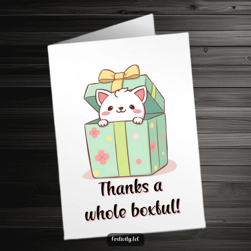 Funny free printable thank you card showcasing a cute critter peeking out of a giant gift box, expressing thanks humorously.