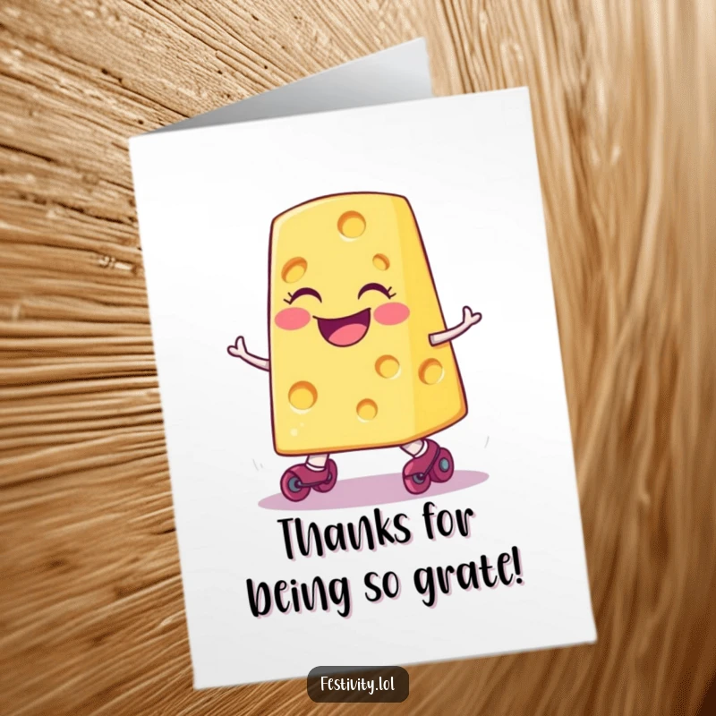 Funny Free Printable Thank You Card: A smiling slice of cheese on tiny roller skates comically tripping.