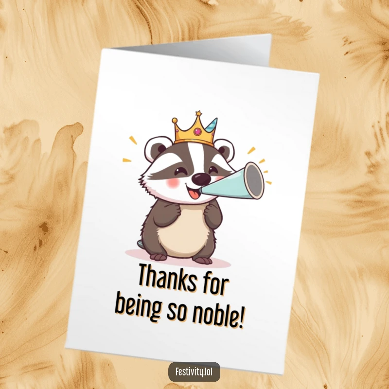 Funny Free Printable thank you card: A delighted badger wearing a silly crown, joyfully blowing a giant party horn to express thanks.