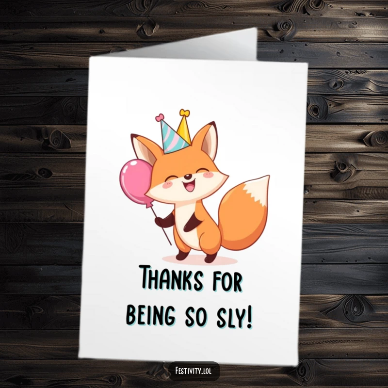 Funny Free Printable thank you card: A giggling fox wearing a party hat, playfully bouncing a large balloon to express thanks.