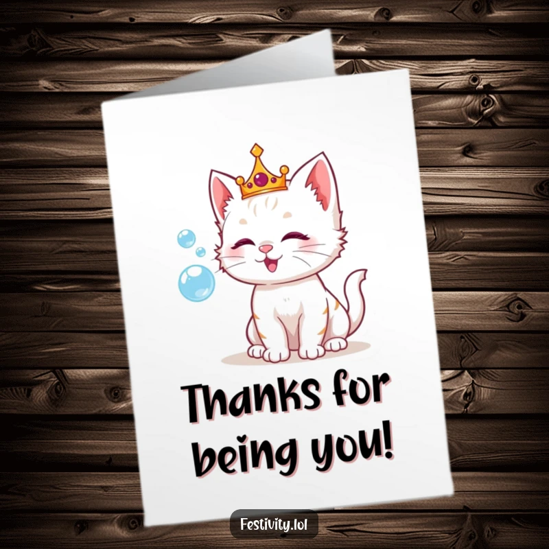 Funny Free Printable Thank You Card of a playful kitten wearing a crown, blowing colorful bubbles with a happy expression.