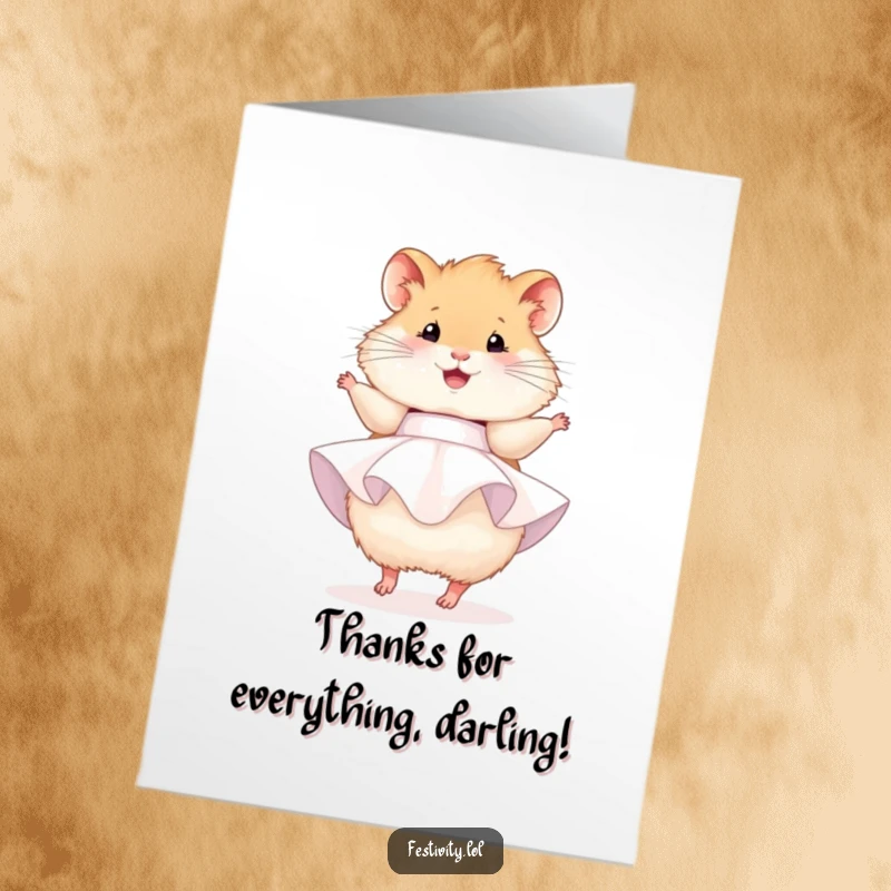 Funny Free Printable Thank You Card: A fluffy hamster in a party dress twirls happily, conveying warm thanks.