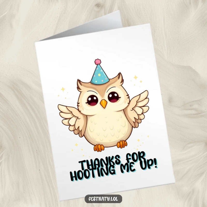 Funny free printable thank you card featuring a joyful owl in a party hat spilling glitter, expressing gratitude humorously.