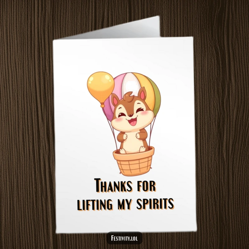 Funny Free Printable Thank You Card: Adorable chipmunk pilots a hot air balloon, sending thanks with a smile.