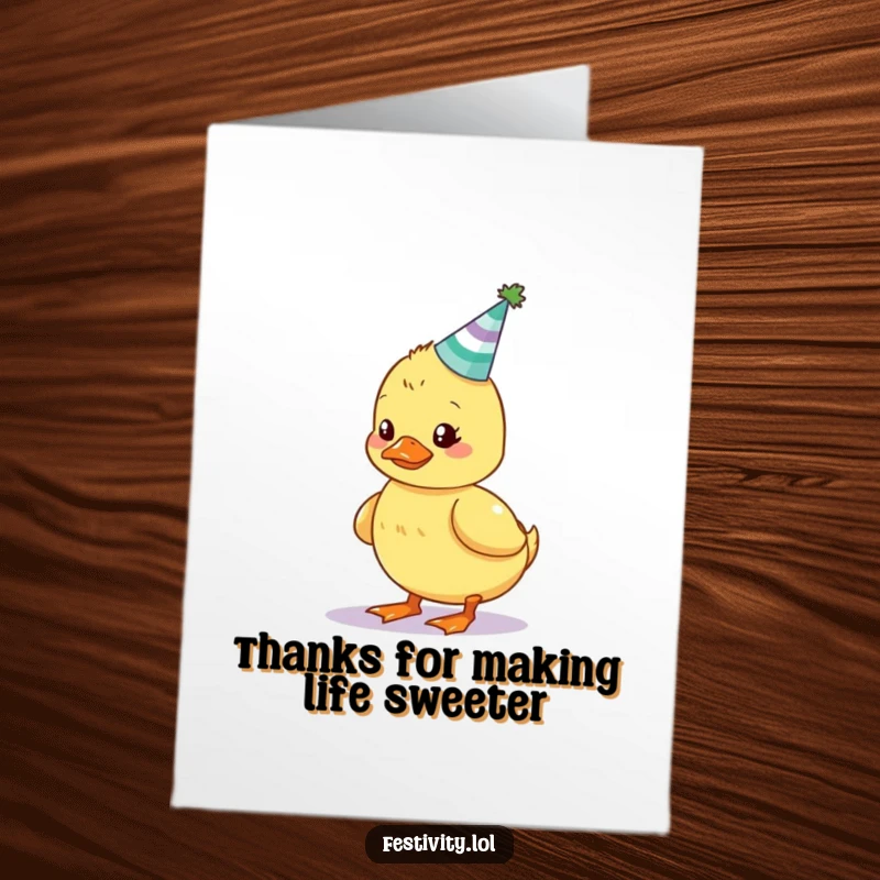Funny Free Printable Thank You Card: a wobbly duckling balancing a cake, expressing thanks with sweet clumsiness.