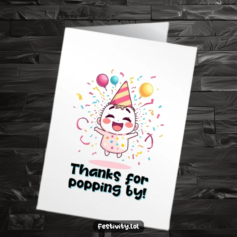 Funny Free Printable Thank You Card: A giggling party popper character releases a shower of streamers and confetti, offering thanks.