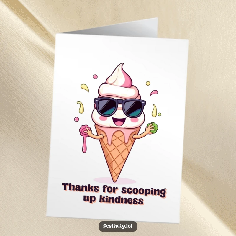 Funny Free Printable Thank You Card: A smiling ice cream cone character with sunglasses juggles melting scoops, a cool way to say thanks.