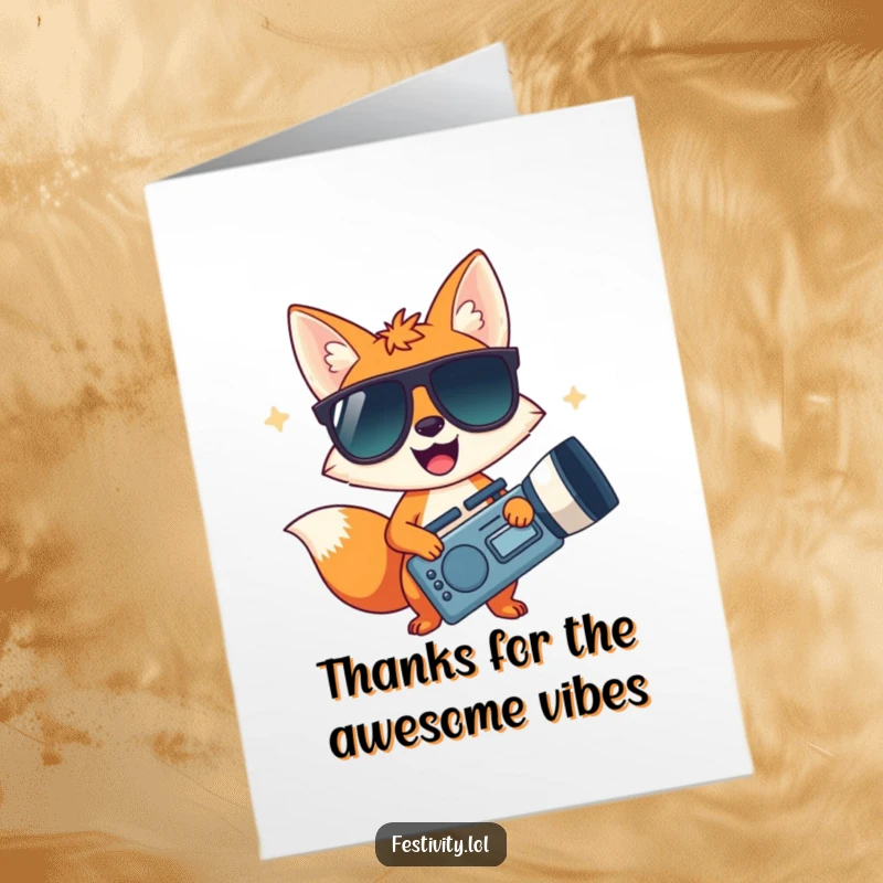 Funny Free Printable thank you card, a fox wearing cool oversized sunglasses and holding a giant noisemaker, sending thanks.