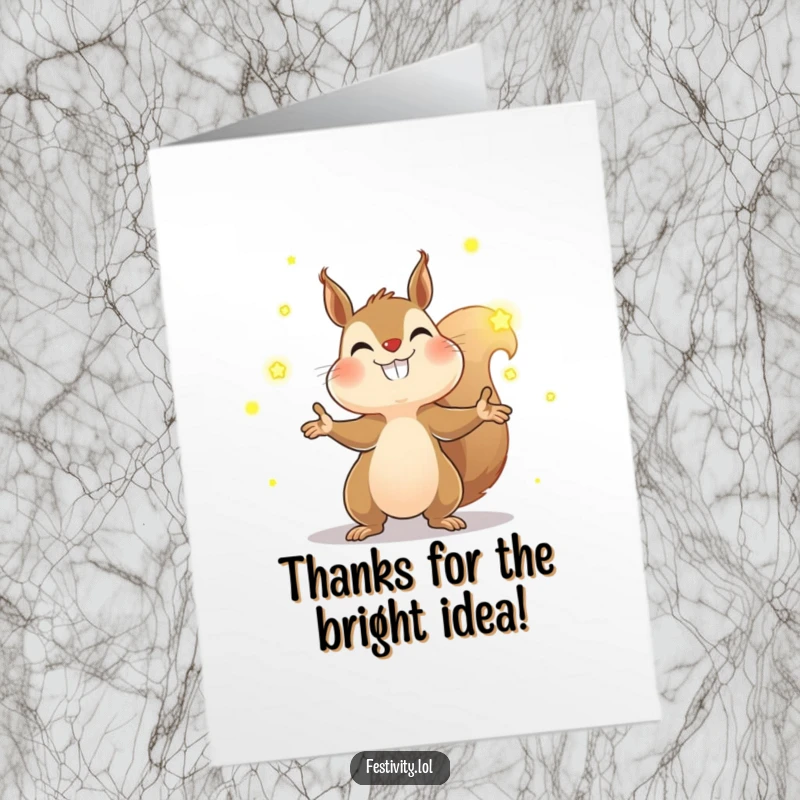 Funny free printable thank you card featuring a determined squirrel juggling glowing fireflies, expressing gratitude with a luminous, humorous touch.