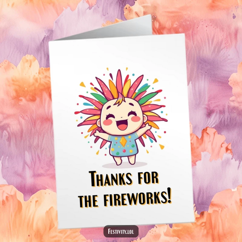 Funny Free Printable Thank You Card: A jubilant firework character bursts with bright, joyful patterns, offering a spectacular thank you.