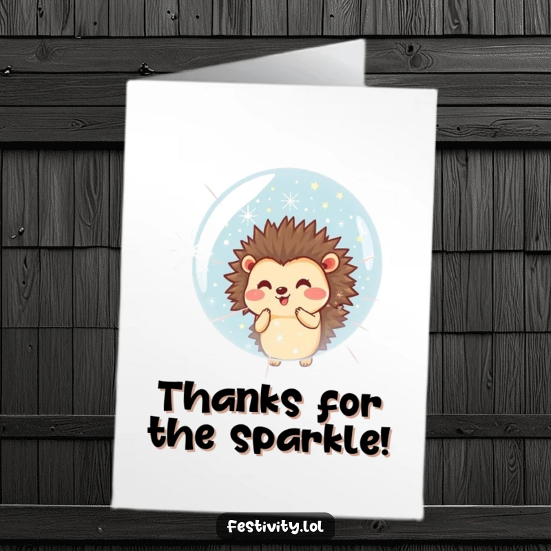 Funny Free Printable Thank You Card: Smiling hedgehog blowing a bubble with tiny fireworks, a fun way to say thank you.