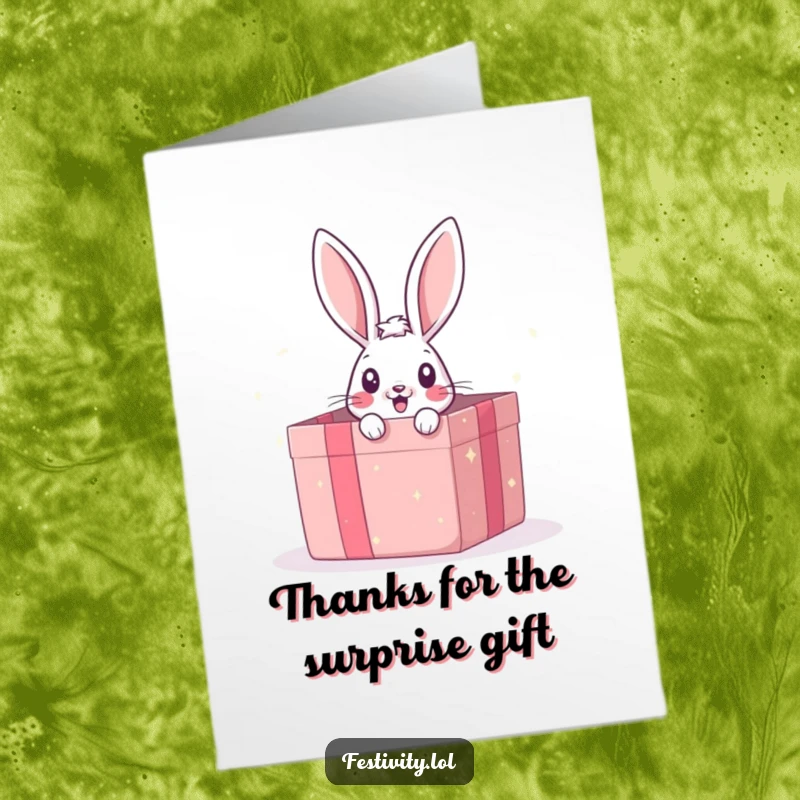Funny Free Printable thank you card, a surprised bunny peeking from a giant gift box, expressing gratitude with wide eyes.