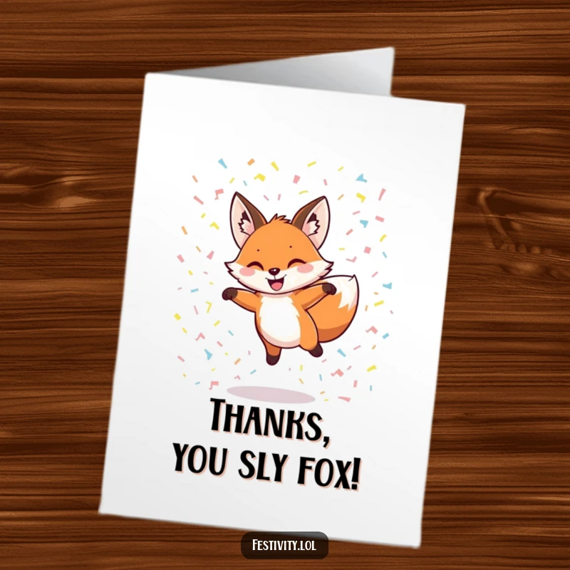 Funny Free Printable Thank You Card: A grinning fox leaps through a confetti shower, a lively and fun thank you.