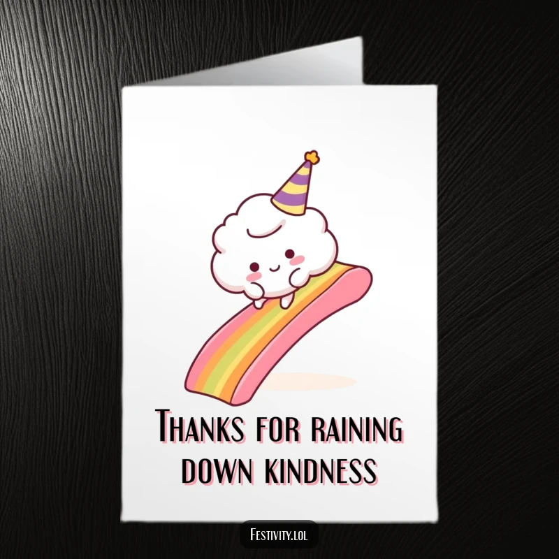 Funny Free Printable Thank You Card: A fluffy cloud character with a party hat comically trips on a rainbow slide, a fun thank you.