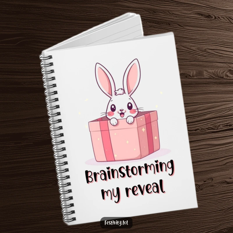 Funny notebook featuring a surprised bunny peeking from a gift box, perfect for jotting down humorous thoughts.