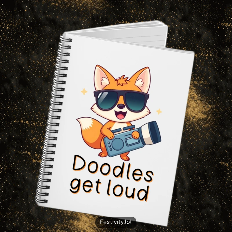 Funny notebook with a happy fox in cool sunglasses holding a giant noisemaker, perfect for jotting party ideas.