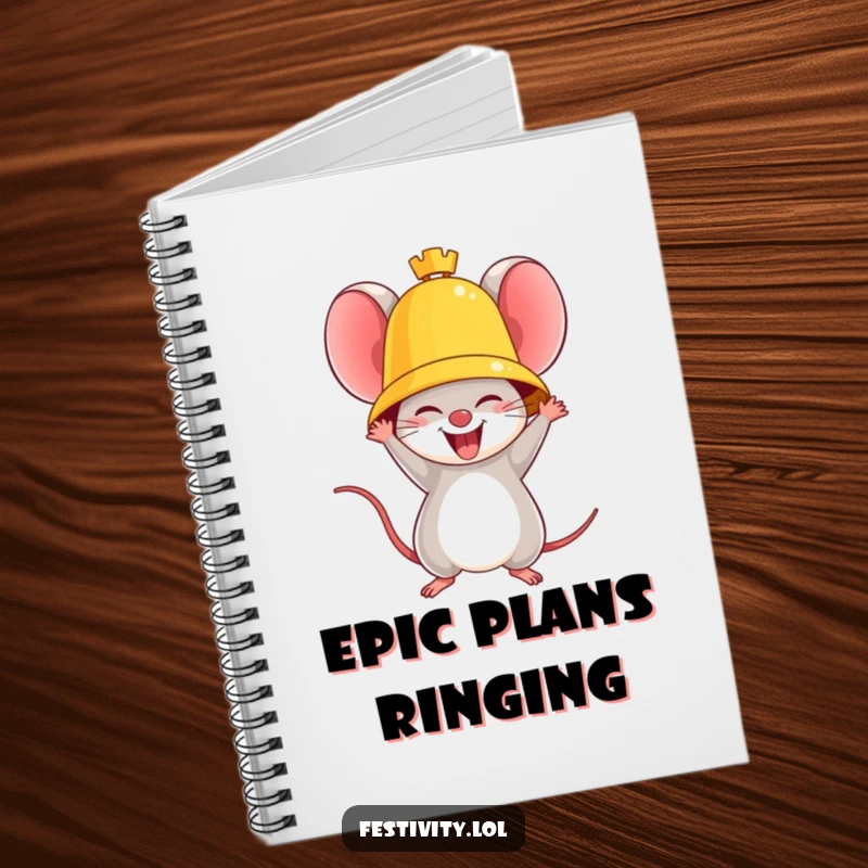 Funny notebook with a triumphant mouse ringing a giant golden bell, ideal for celebrating and note-taking.