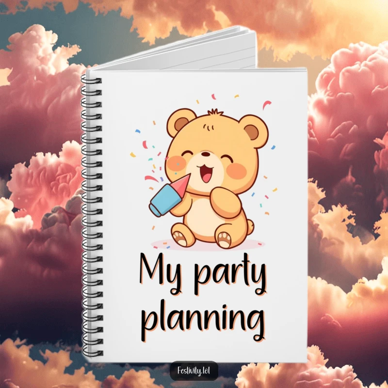 Funny Notebook: A delighted bear cub popping confetti, a humorous cover for notes and festive ideas.