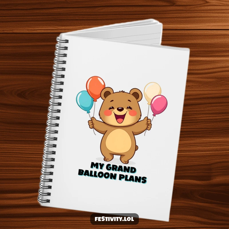 Funny bear notebook featuring a happy bear juggling balloons, inspiring joyful note-taking and creative brainstorming.