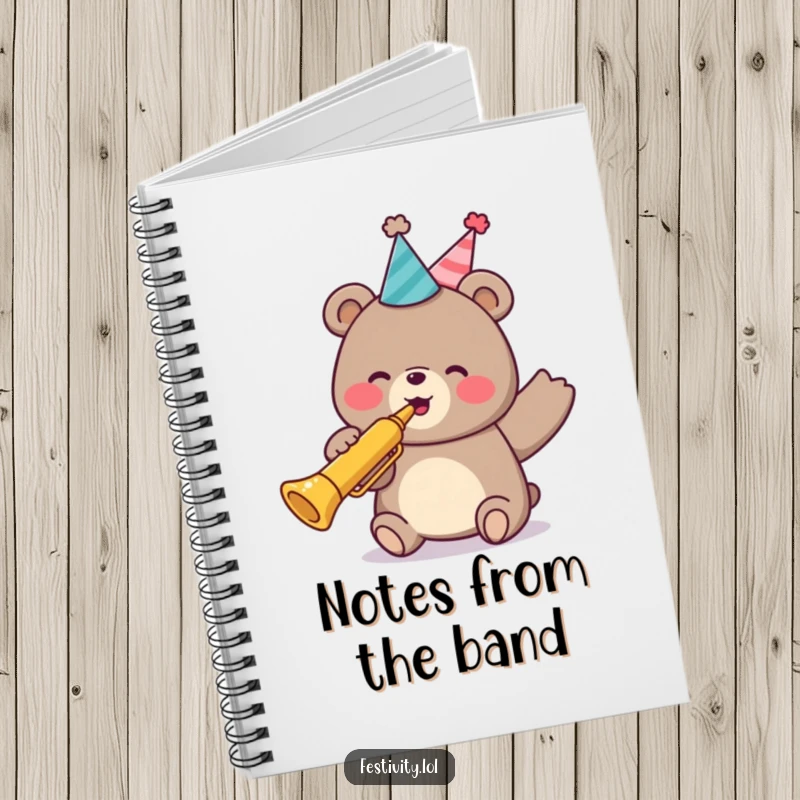 Funny notebook featuring a happy bear in a party hat, blowing a trumpet, perfect for capturing notes and cheerful ideas.