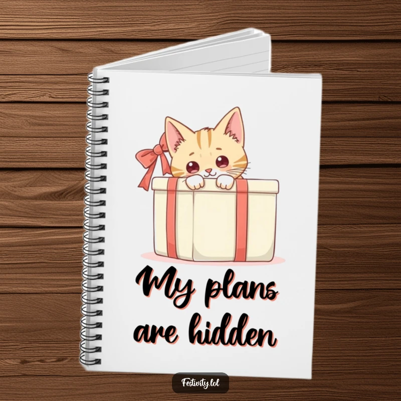 Funny, curious cat peeking from behind a large gift box, a humorous cover for a notebook inspiring creative and funny ideas.