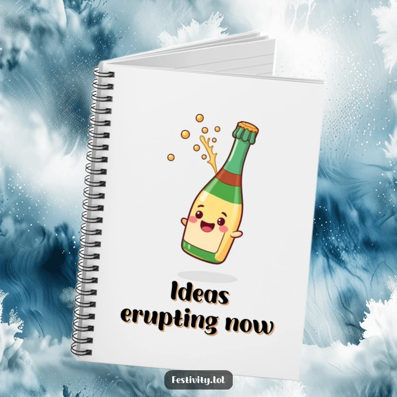 Funny notebook with a champagne bottle popping its cork and a splash, great for capturing thoughts and party plans.