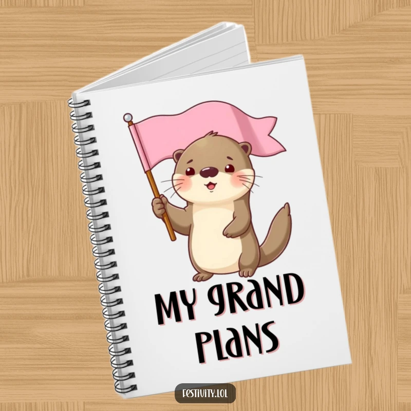 Funny determined otter character holding a flag high notebook, perfect for recording triumphs.