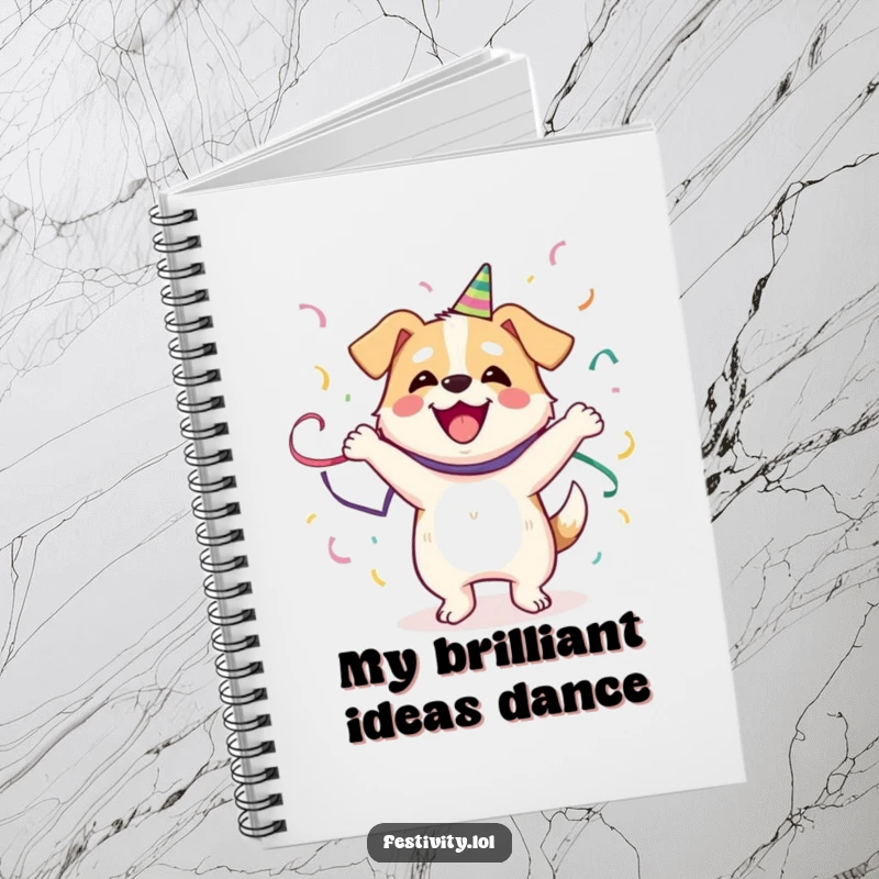 Funny Dog Notebook: A happy dog dances joyfully with streamers, bringing humorous inspiration to your notes.