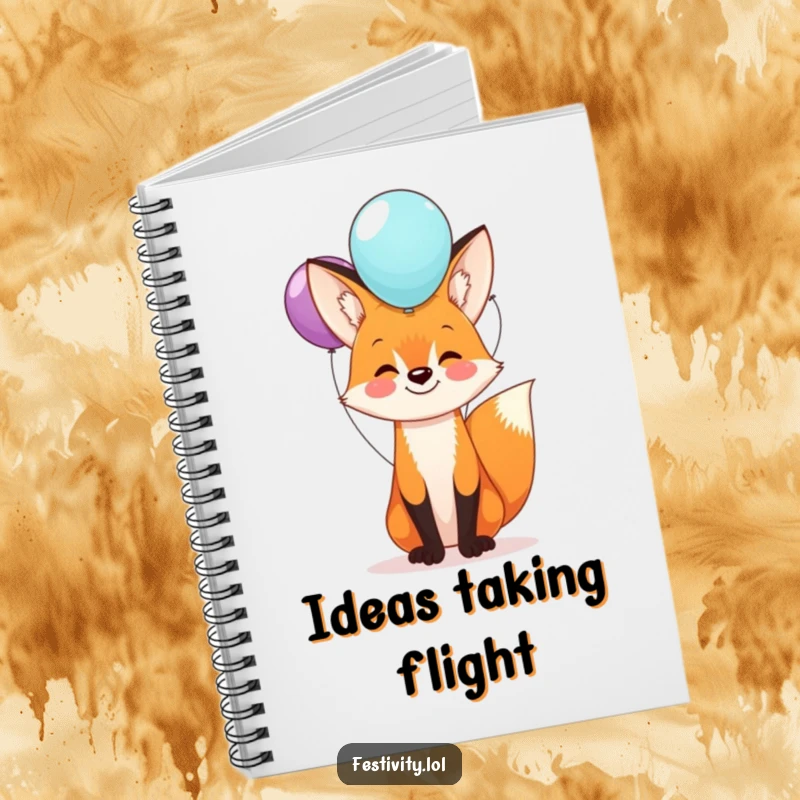 Funny fox notebook featuring a happy fox balancing a stack of balloons on its nose, perfect for note-taking with a whimsical flair.