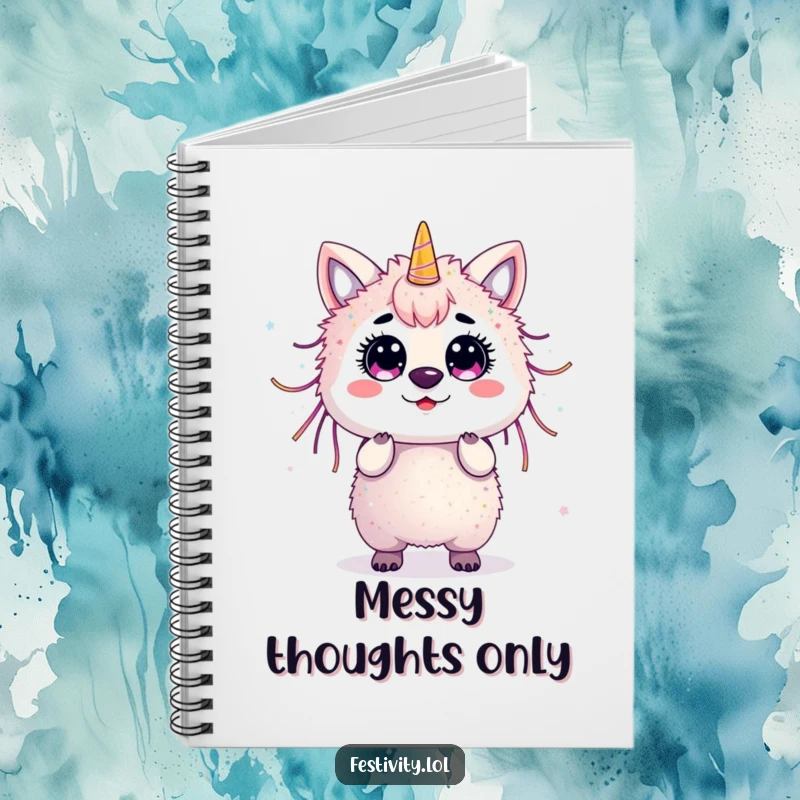 Funny surprised animal covered in streamers and glitter on a creative notebook cover.