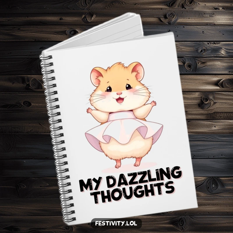 Funny hamster notebook, a hamster in a party dress happily twirling, perfect for notes and joyful thoughts.