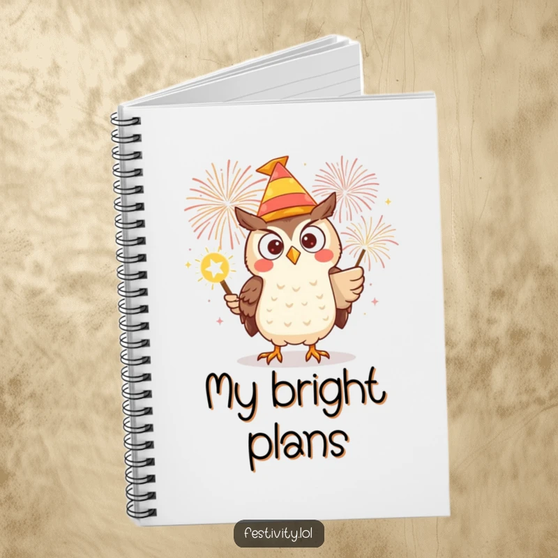 Funny notebook featuring a determined owl in a silly hat, lighting a giant firework, perfect for capturing bold ideas.