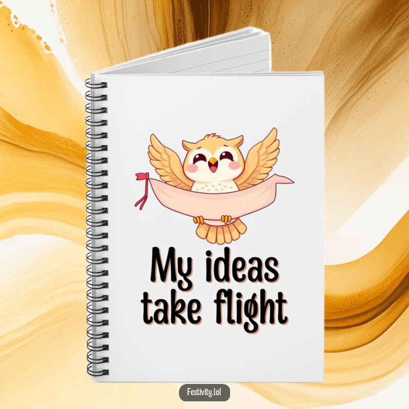 Funny owl notebook, a joyful bird soaring with a banner, perfect for capturing notes and inspiration with humor.