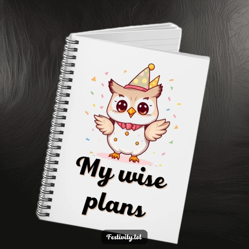 Funny tiny owl character dressed as a party planner, excitedly tossing confetti on a notebook cover.