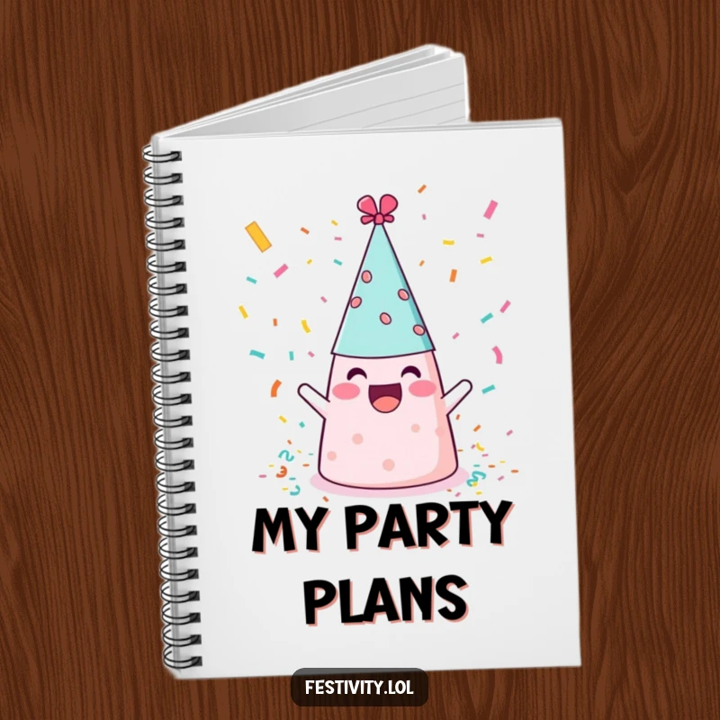 Funny cheerful party hat throwing confetti, a humorous notebook cover for planning events.