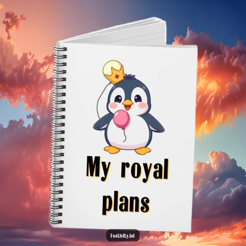 Funny notebook featuring a surprised penguin wearing a tiny crown and holding a balloon, ideal for note-taking.
