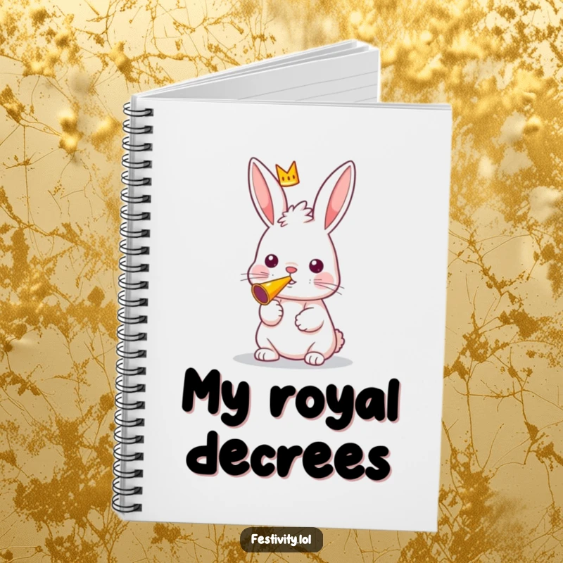 Funny notebook cover art of a curious rabbit wearing a crown, blowing a party horn.