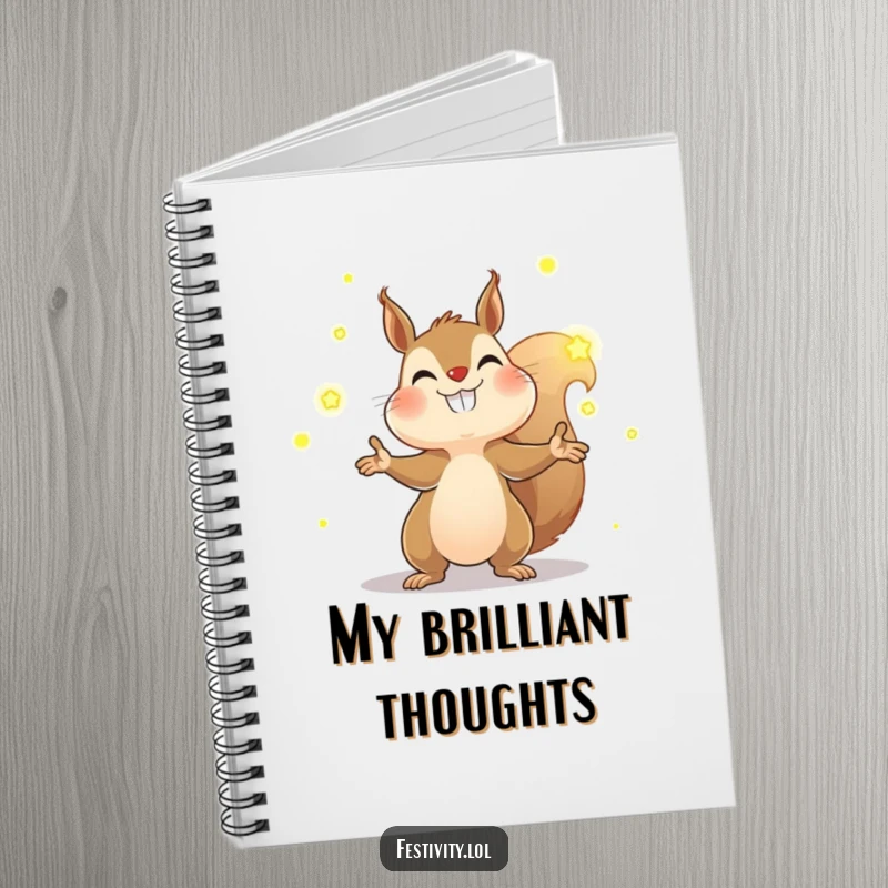 Funny squirrel notebook featuring a determined squirrel juggling glowing fireflies with a wide grin, perfect for note-taking with a whimsical glow.