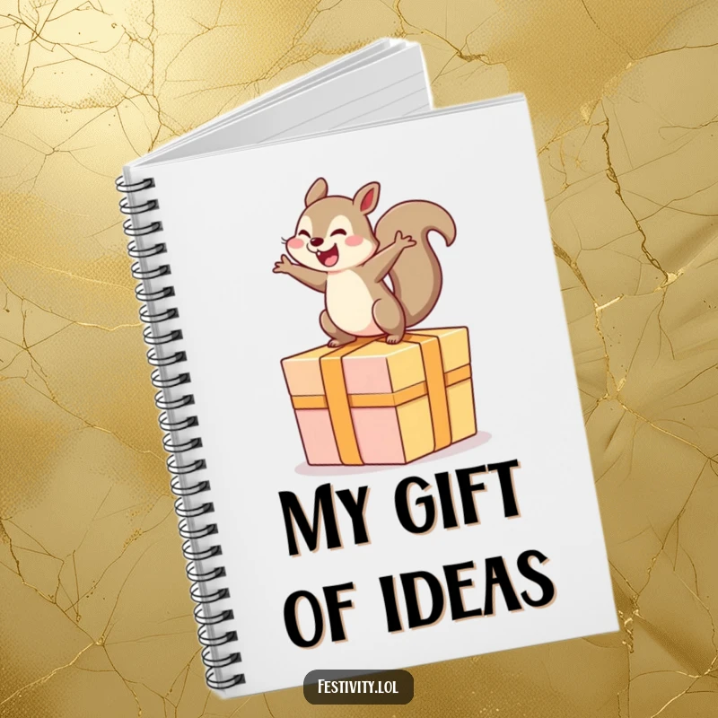 Funny notebook cover art of a squirrel joyfully bouncing on a huge, wrapped gift.