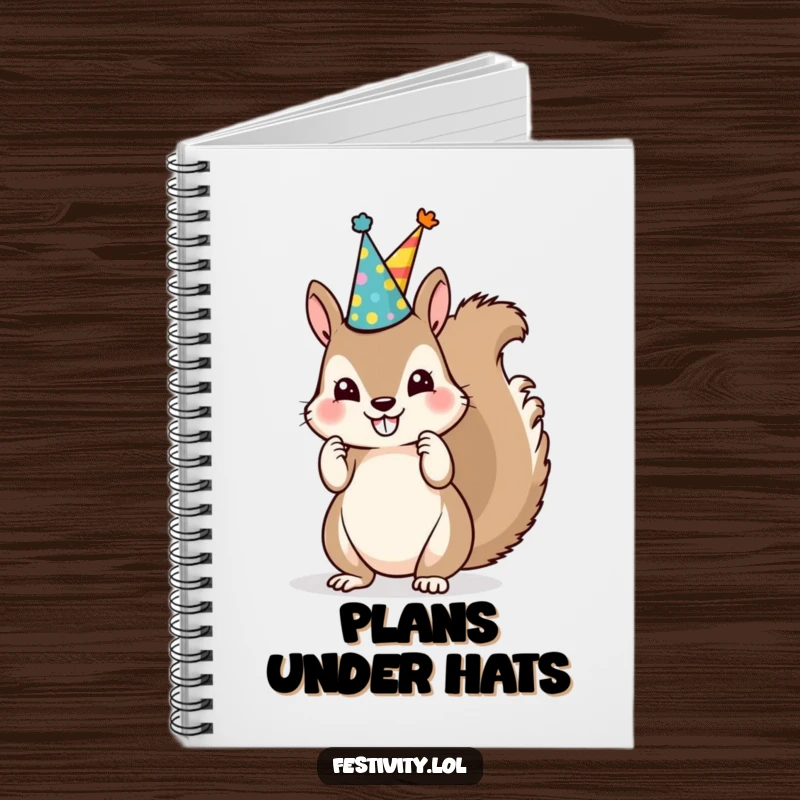 Funny Squirrel Party Hat Notebook features a mischievous squirrel stacking party hats, perfect for capturing playful thoughts.