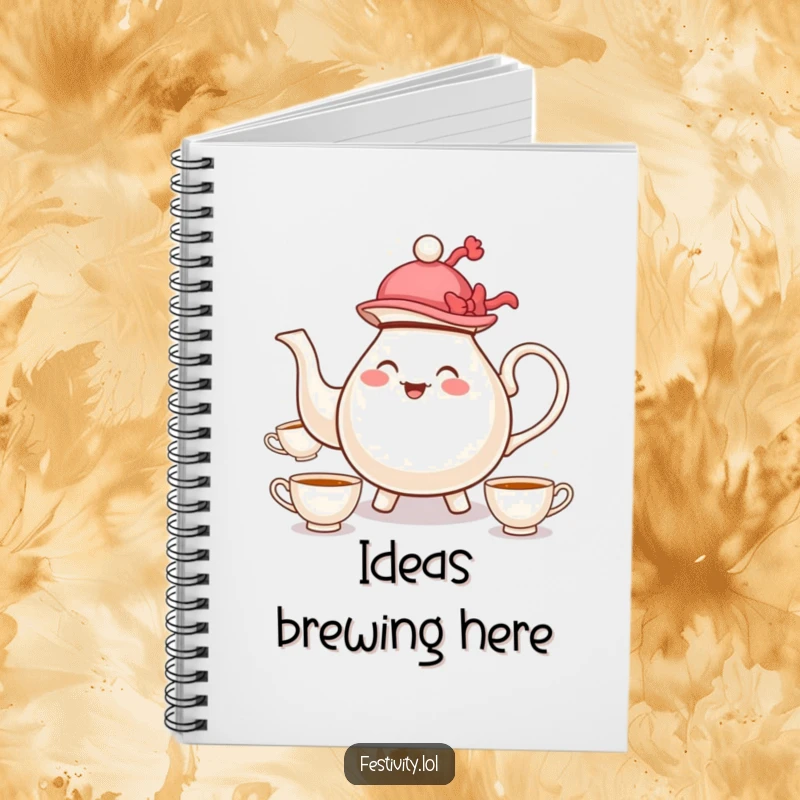 Funny notebook with a whimsical teapot wearing a hat and juggling teacups, perfect for journaling and notes.