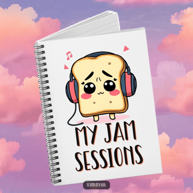 Funny toast character wearing large headphones, lost in music, on the cover of a funny notebook.